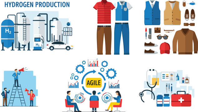 Creative infographic combining hydrogen clean energy production, fashion clothing and accessories, teamwork communication, agile business management, and healthcare medical equipment