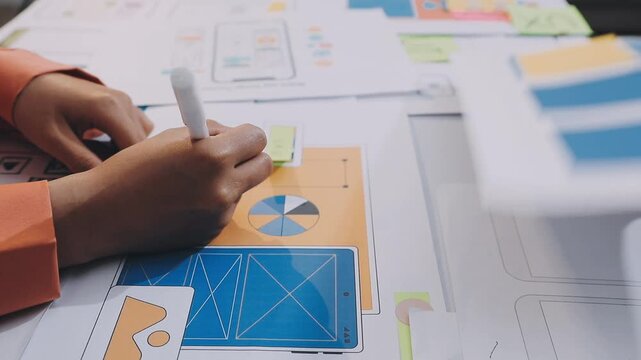 Asian women working together as web designers in an office, pointing at whiteboard with uxui mobile app wireframe