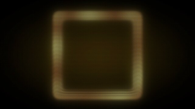 3D Golden Square Frame, Digital Dot Particles on Dark Background, Glowing Dot Grid Geometric Shape Border