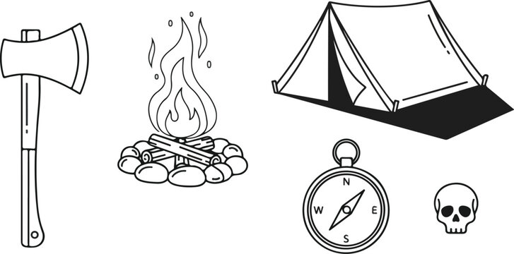 Camping and survival line art icon set featuring a forest axe, campfire, outdoor tent, navigation compass, and a small skull isolated on white.
