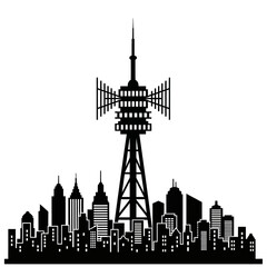 Obraz premium Silhouette of a tall communication tower dominating the city skyline, transmitting signals.