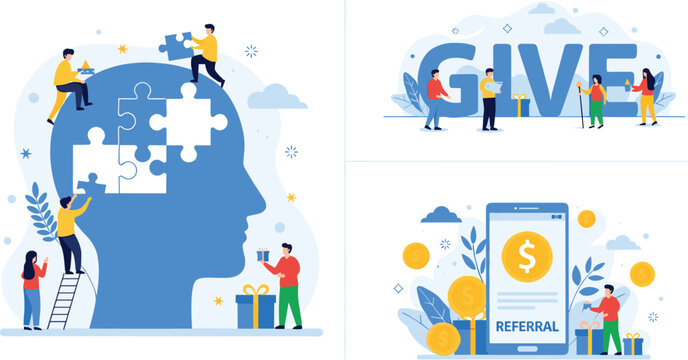 Modern collage illustration showing teamwork problem solving, generosity through giving, and referral rewards with smartphone financial bonus concept