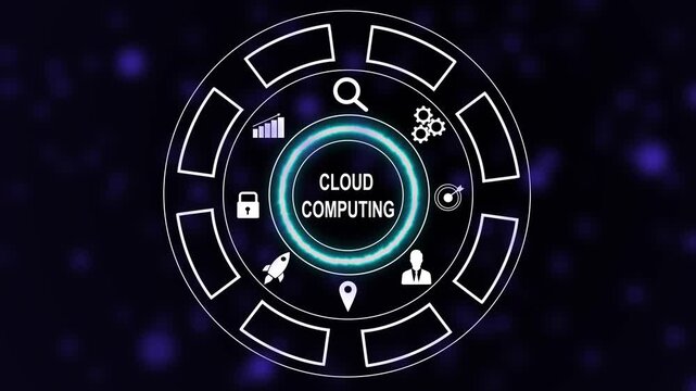 Dynamic cloud computing technology interface featuring animated circular infographic digital network connectivity and futuristic data processing visualization for modern business solutions