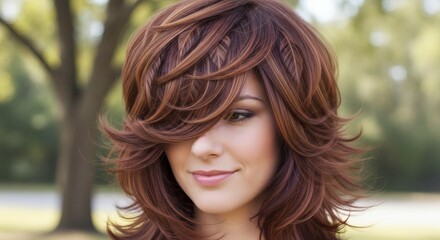 Fototapeta premium A beautiful woman with long brown hair smiling in a park