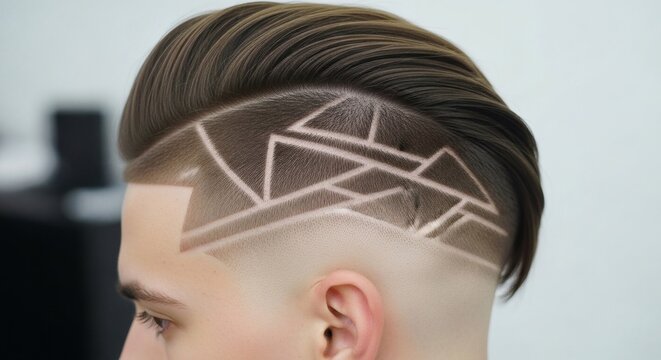 A man with a unique undercut haircut featuring a geometric design shaved into the side of his head