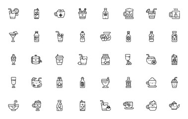 Fototapeta premium Kawaii drinks icon set. Cute vector illustrations of Orange juice, Soda, Coffee, Cocktail, Beer, Wine and more. Editable cartoon style clipart.