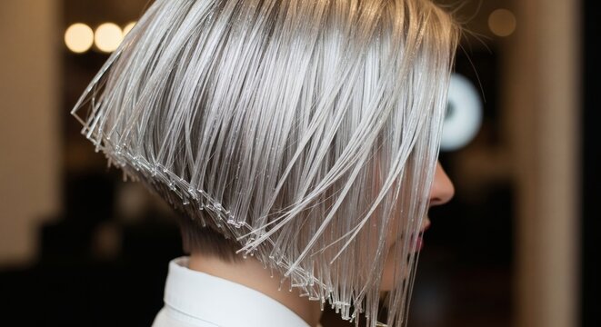 A woman with short, stylish silver hair in a salon setting.