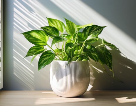 lush green pothos plant in elegant white pot with window shadows