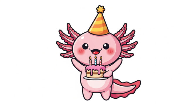 Cute axolotl birthday character vector with cake candles and party hat for kids celebration cards stickers and festive designs