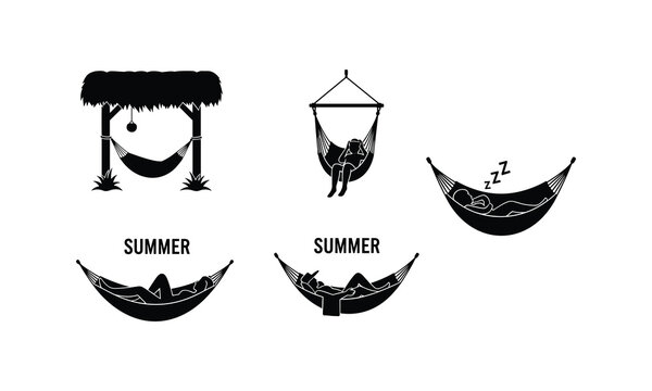 Summer holiday vector icon set with sleeping person and hammock illustration line art.