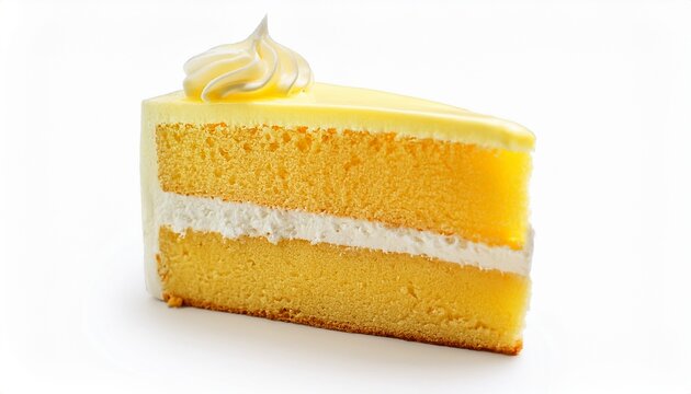 single slice of delicious yellow cake with white frosting on white background