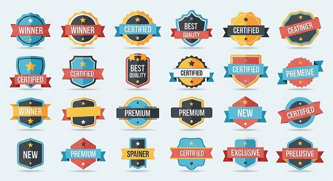 Collection of diverse, colorful badges and labels indicating quality, status, and exclusivity