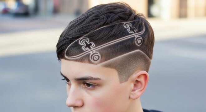 A young man with a creative skateboard design shaved into the side of his hair.