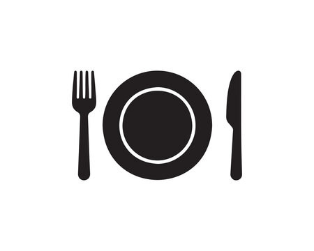 Minimalist black dining setup silhouette with plate in center, fork on left, knife on right, flat vector style, geometric design, symbolizing food and restaurants on white background