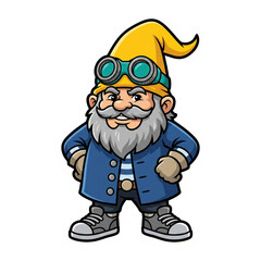 Naklejka premium Cartoon illustration of a smiling gnome with a yellow hat and goggles
