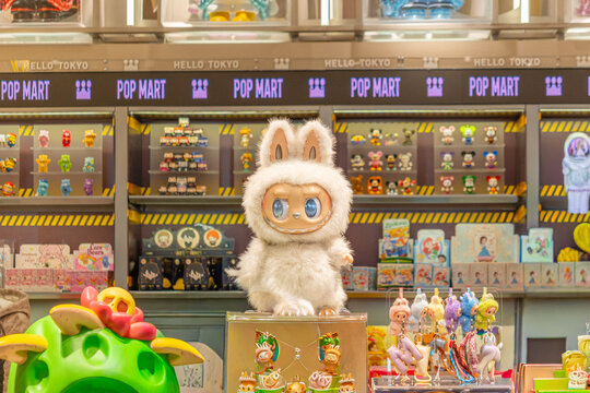 Tokyo, Japan-January 31, 2026: Pop Mart store at the with a white Labubu doll. Pop Mart is a popular Chinese toy company known for selling collectible toys and figurines in a "blind box" format.