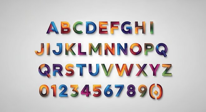Colorful alphabet & numbers with 3D depth, gradient fill, and subtle shadows