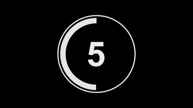 Minimalist circular countdown timer animation featuring decreasing numbers with smooth progress bar motion on a clean black background, for broadcast, digital, presentations, and media editing