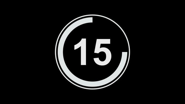 Minimalist circular countdown timer animation featuring decreasing numbers from sixteen to five with a smooth rotating progress bar overlay for broadcast, digital presentations, and media editing