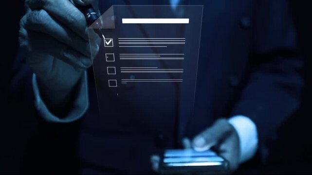 businessman checking business performance Business performance monitoring concept, businesswoman using computer Online survey filling out, digital form checklist