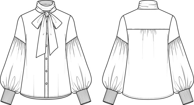 Technical fashion illustration, blouse design, bow tie neckline, bishop sleeves, wide cuffs, button closure, yoke detail, garment construction drawing