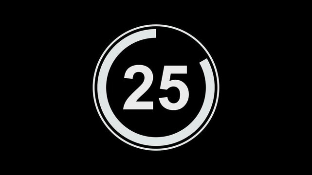 Minimalist circular countdown timer animation featuring decreasing numerical digits with a smooth rotating progress bar overlay on a clean black background, for broadcast and, media editing