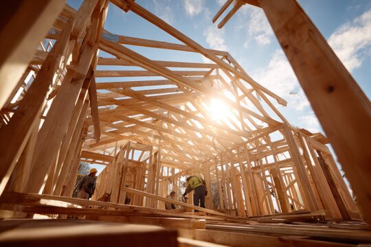 Timber frame construction site with natural light
