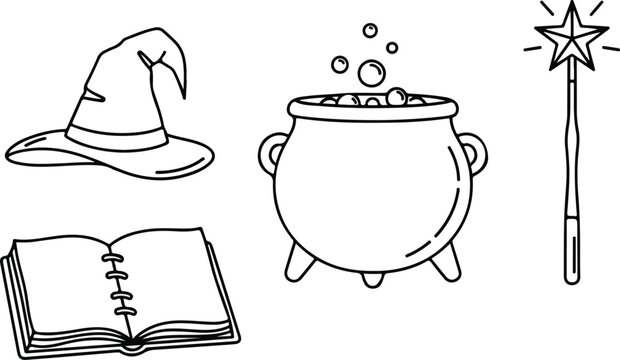 Magic and wizardry line art set with witch hat, bubbling cauldron, magic wand, and open spell book.