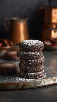 Stack of dibs el kharroub biscuits with powdered sugar on rustic table