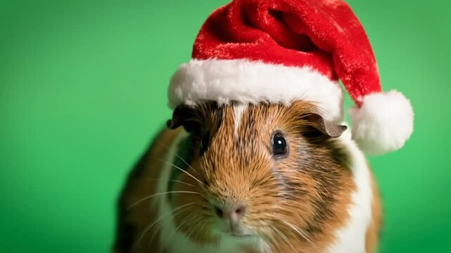 Cute guinea pig wearing a Santa hat looking directly at the camera with a green background for Christmas holiday celebrations
