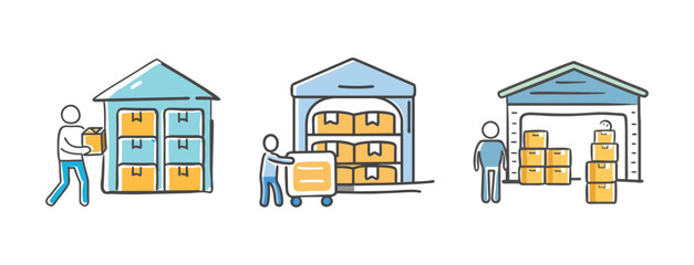Naklejka premium Warehouse inventory icons with people moving boxes and storage units