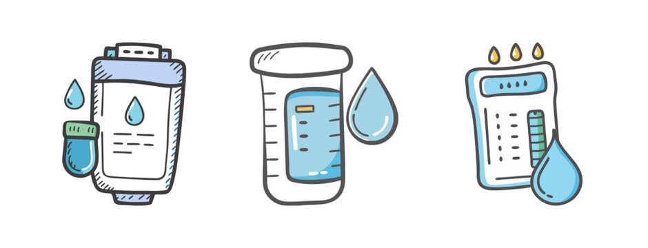 Three hand-drawn icons representing water testing kits and water drops.