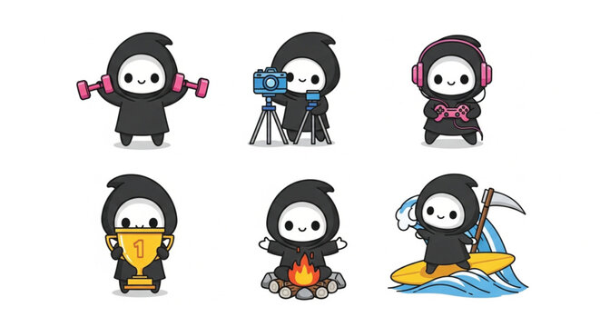 Cute grim reaper character vector set with cartoon skeleton mascot in fun hobbies including gaming fitness surfing and lifestyle activities