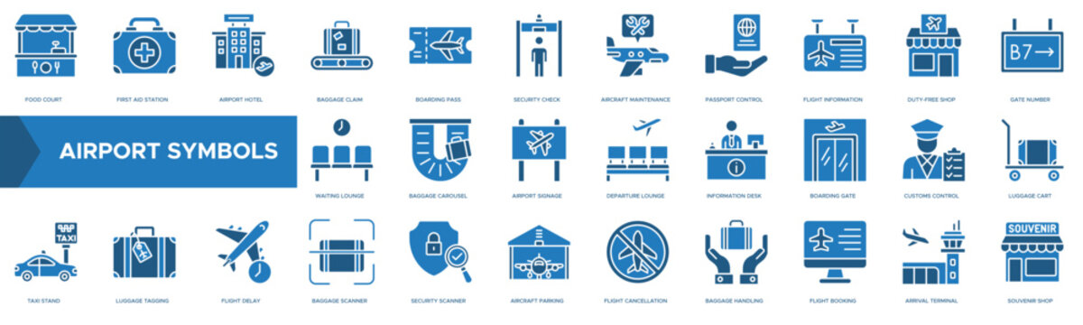 Set of flat blue and black airport symbols for travel and aviation icons depicting flight logistics