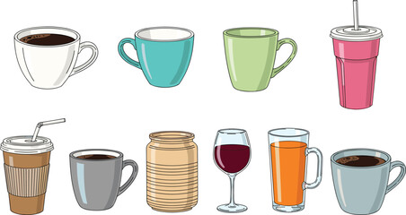 Obraz premium Beverage Cup Illustration Set Featuring Coffee, Juice, Smoothie, Wine and Glass Drinks with Mug and Takeaway Elements for Cafe Design.