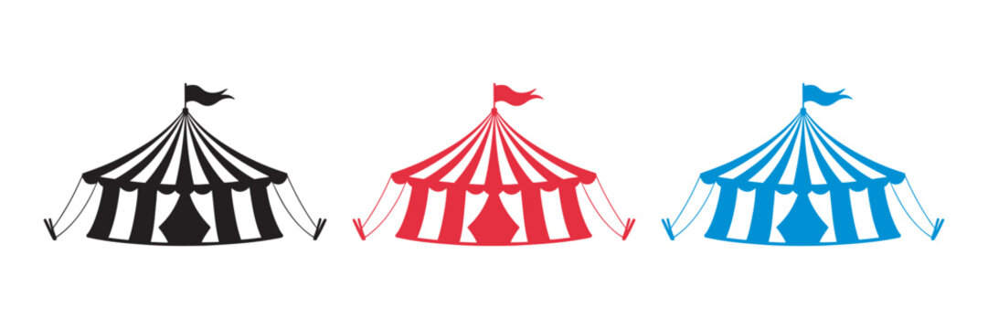 Circus tent icon set vector, big top carnival striped tents, red and black flat outline icons, clean circus symbol illustration isolated