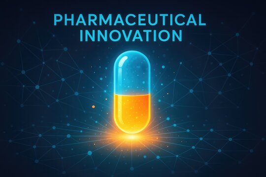 Medical capsule glows with bright yellow liquid inside blue shell above dark.