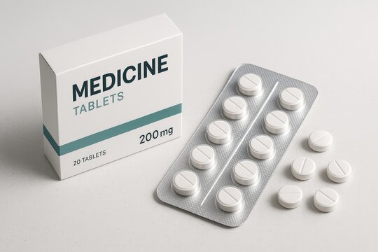 Medical box beside blister pack holding round white pills plus loose tablet.