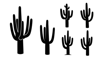Fototapeta premium Set of Black Saguaro Cactus Silhouettes on White Background