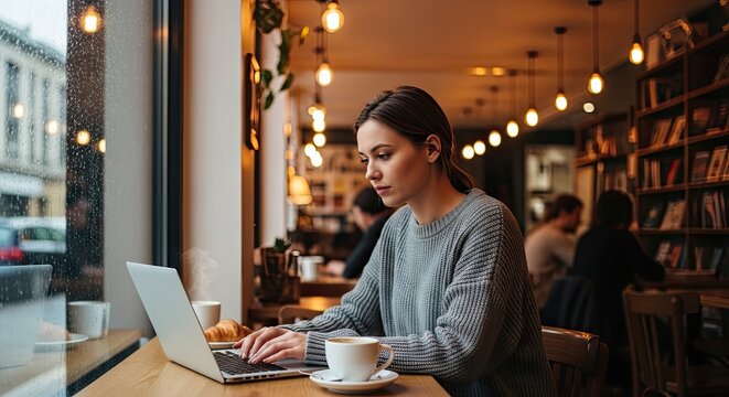 A woman working on a laptop in a cozy cafe with a window view.
