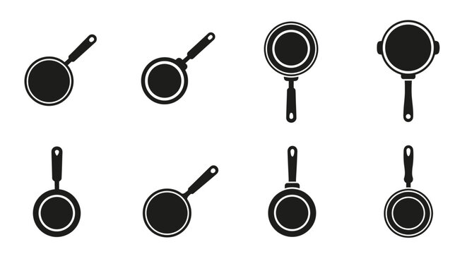 Collection of Black Frying Pan Icons on White Background