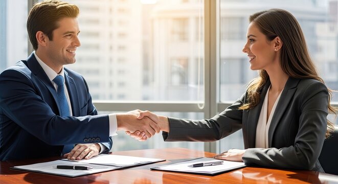 Two business professionals shaking hands in an office setting.