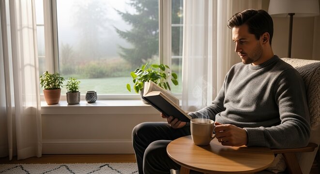 A man reading a book while enjoying a cup of coffee in a cozy living room.