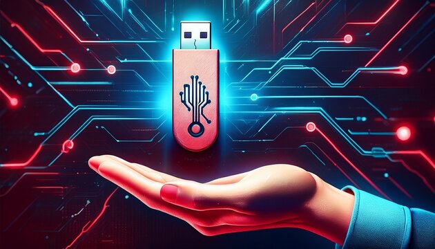 hand holding usb drive with malware exe message