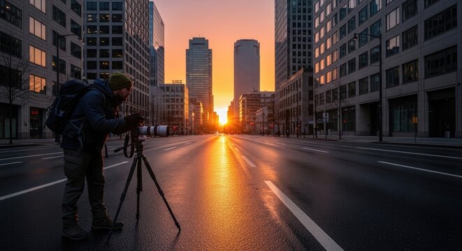 Photographer capturing a cityscape at sunset with a tripod and camera.