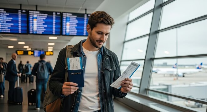A man at an airport, holding a passport and boarding pass.