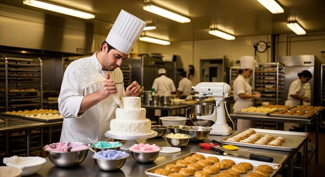 A chef in a kitchen, decorating a wedding cake with colorful icing.