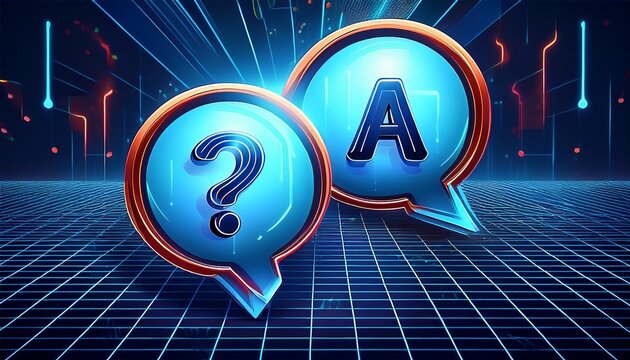 professional it q a slide background with two 3d speech bubbles question and exclamation marks digital grid and metallic blue accents