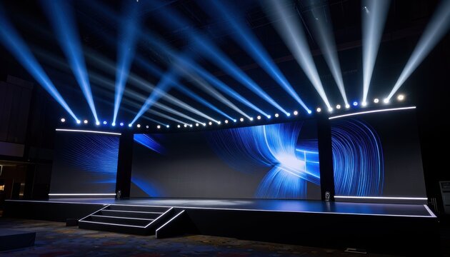 Exciting stage setup for technology conference convention center event showcase modern environment wide-angle view innovation showcase
