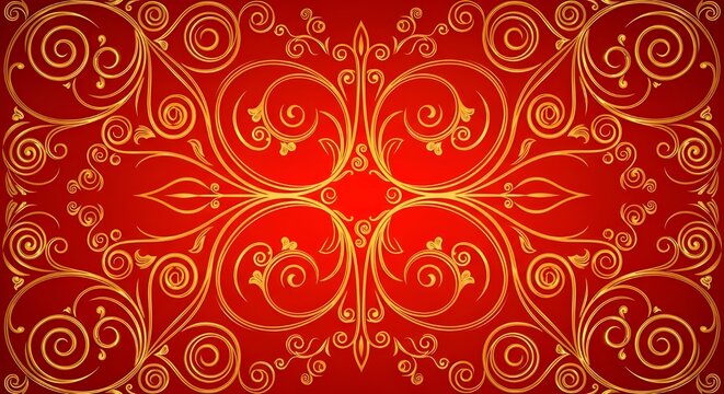 Luxury Traditional Golden Swirl Pattern on Red Background, Elegant Sri Lankan Liyawel Style Floral Ornament for Wedding and Greeting Card Design, AI Generated Background